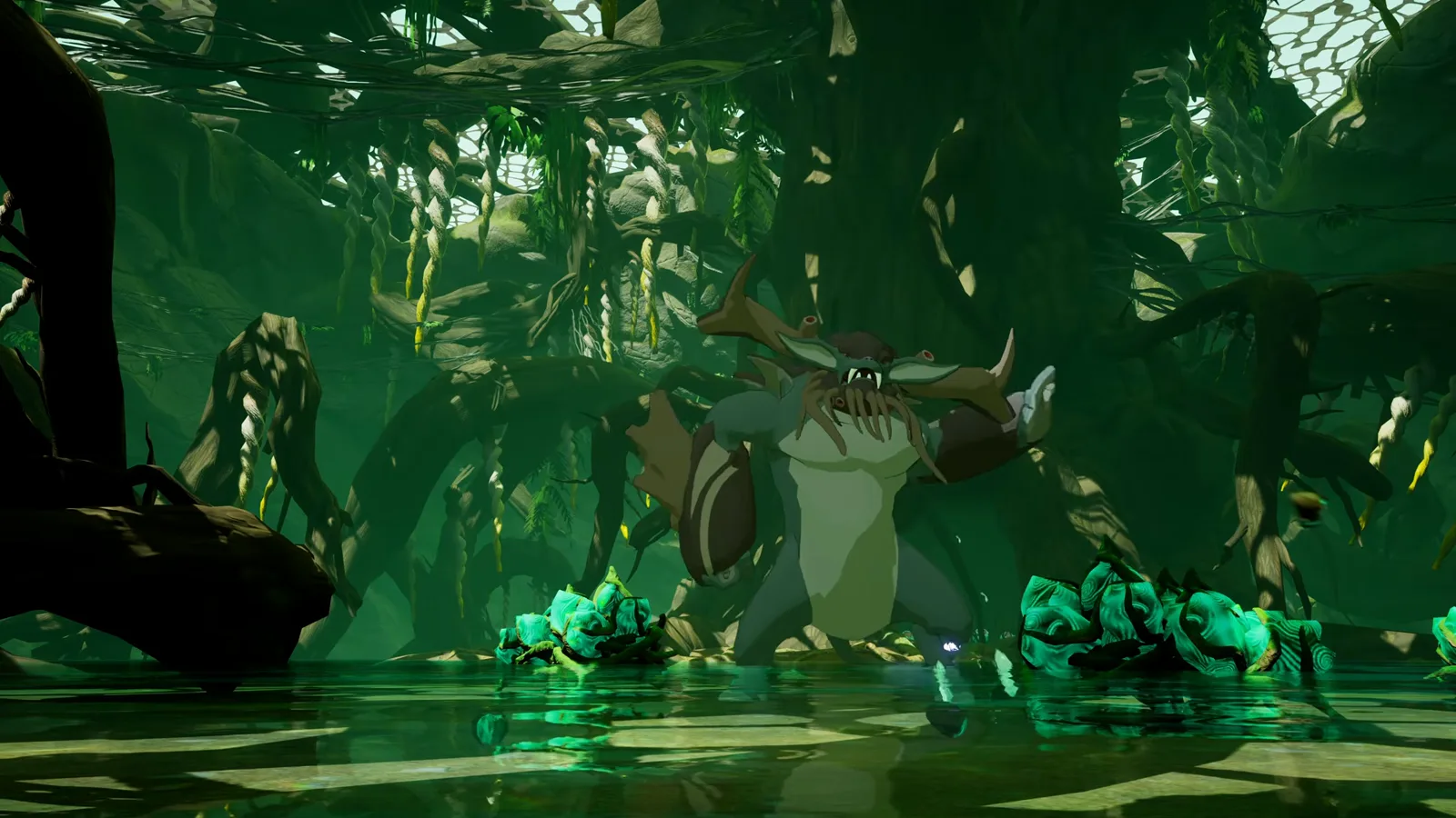 Armored horned creature standing in a dim green swamp beside glowing teal plants in the Winds of Viridia reveal trailer