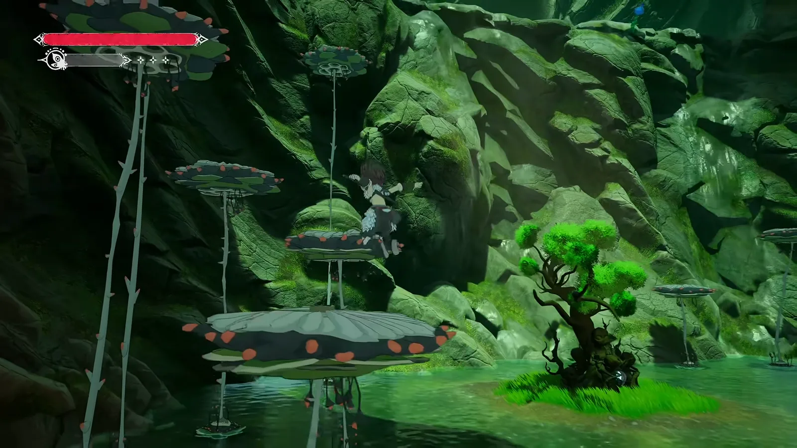 Mossy cliff with lily-pad-like platforms hanging from thorny vines above teal water in the Winds of Viridia reveal trailer