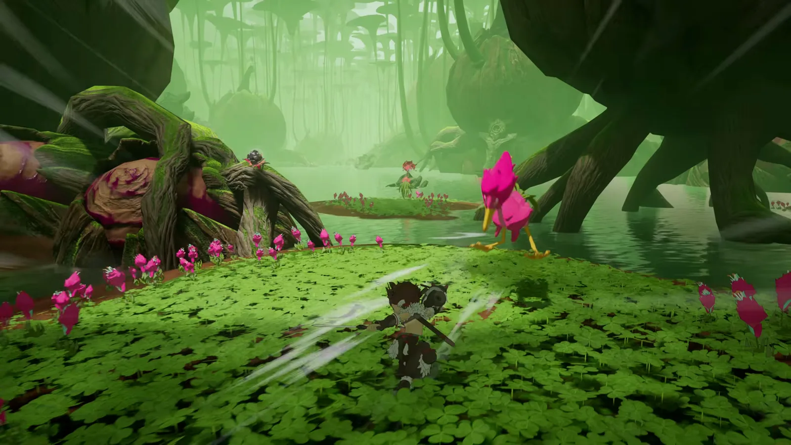Player character dashing across a clover-covered swamp bank with motion streaks behind the sword in the Winds of Viridia reveal trailer