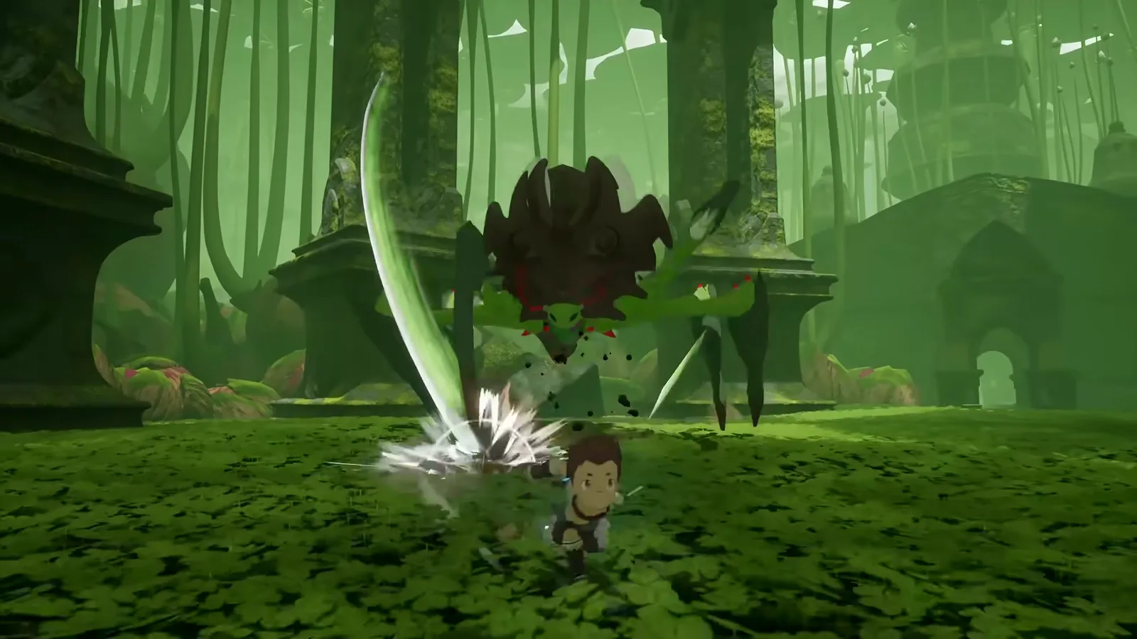 Player character slashing a spiky creature in an overgrown green ruined courtyard in the Winds of Viridia reveal trailer