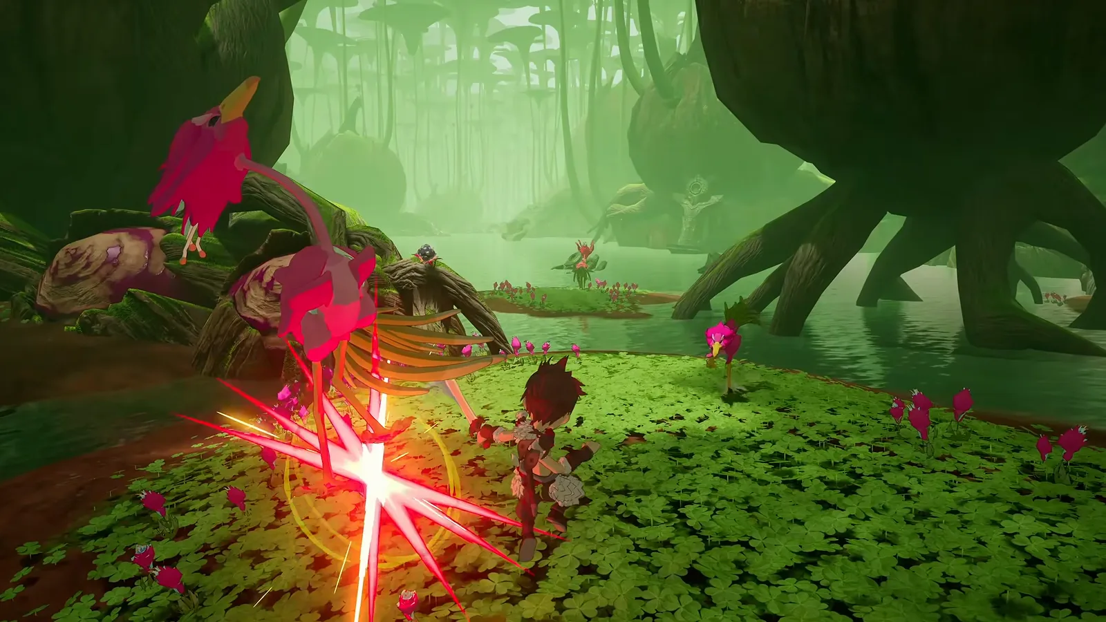 Player character striking a pink bird-like creature with a red slash effect on a clover-covered swamp bank in the Winds of Viridia reveal trailer